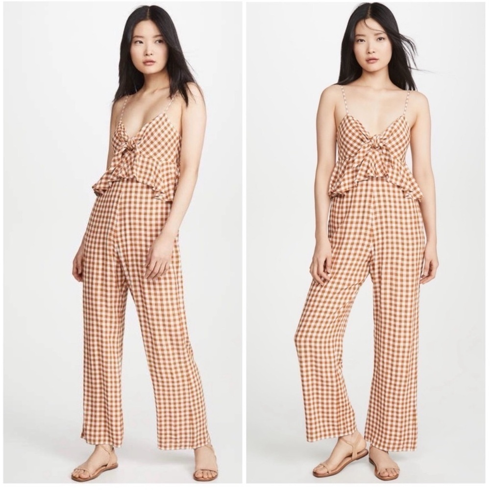 Saylor Laken Jumpsuit Apricot Ruffle Peplum Gingham Travel Cruise Boho